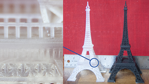 [Photo showing print quality of Nobel 1.0A (left) compared with Ultimaker 3 Extended (right)]